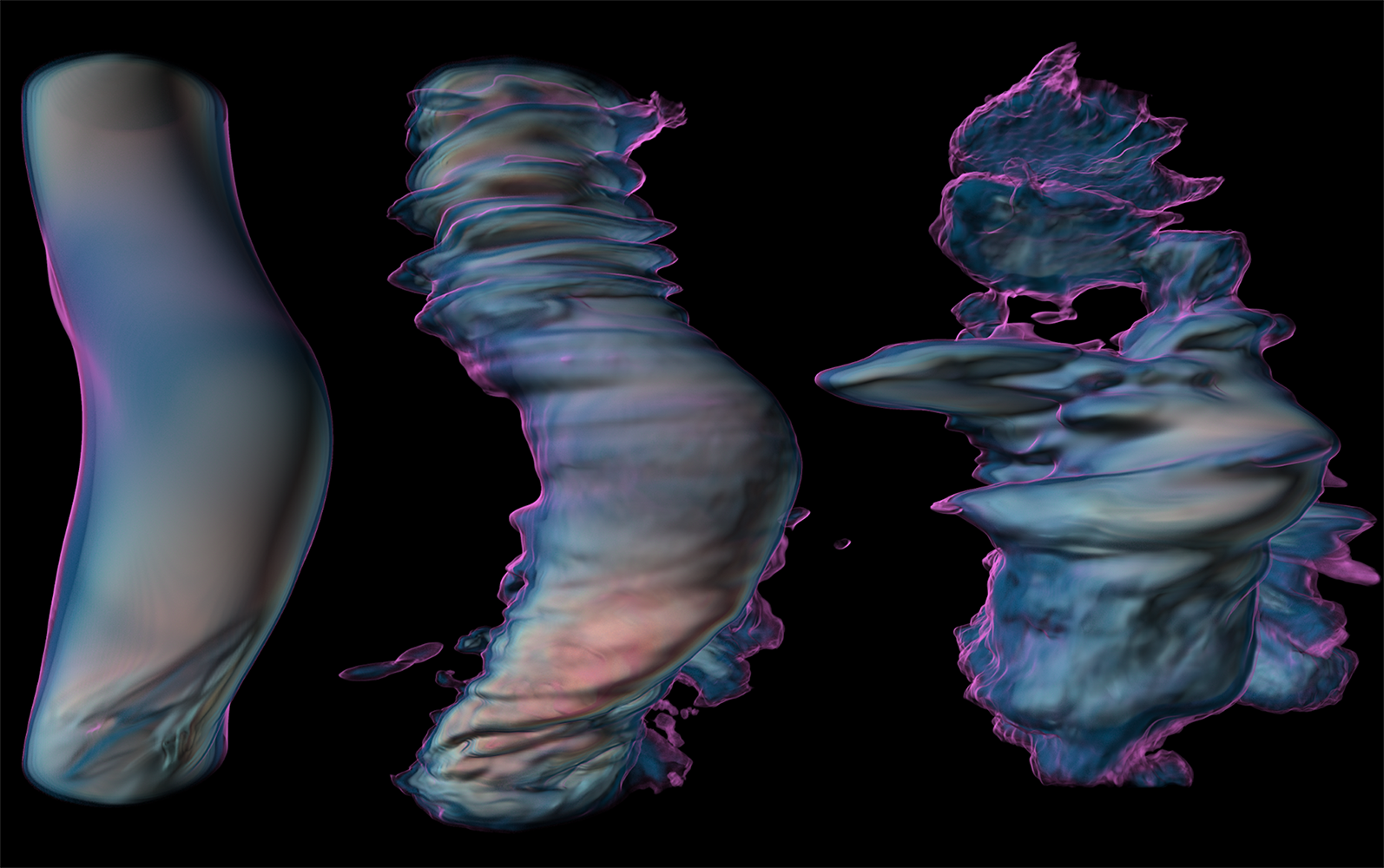 A supercomputer rendition of turbulence in plasma evokes motion in three swirling configurations